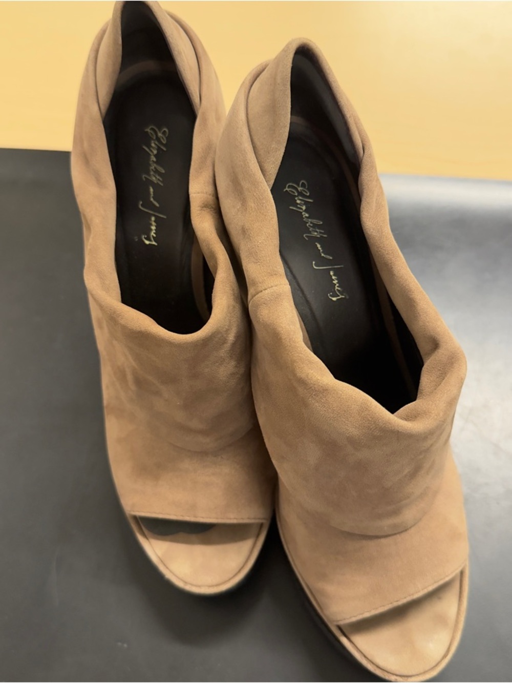 Elizabeth & James Taupe Suede Peep Toe Wedge Booties 7.5